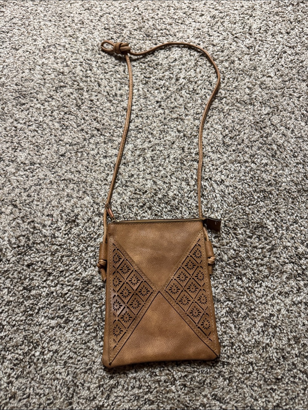 Women's Tan Crossbody Bag with Laser-Cut Diamond Panels